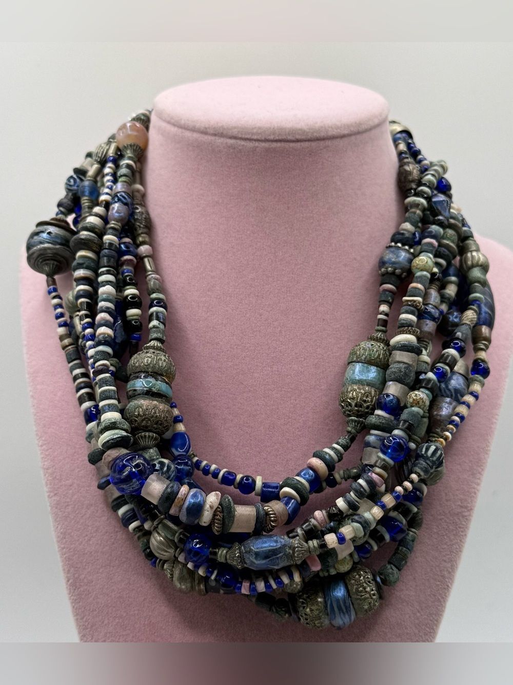 Multi-Strand boho cobalt Blue and Gray Beaded Statement Necklace